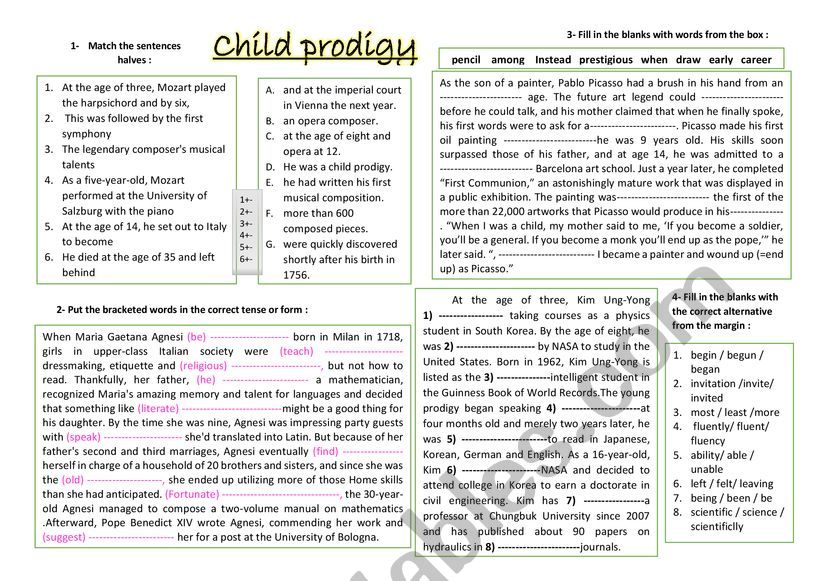 Child prodigy worksheet
