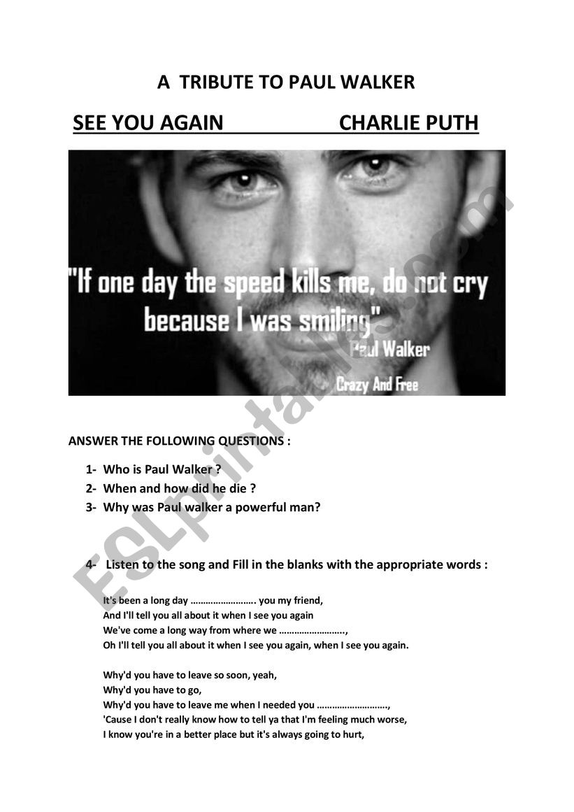 song: See You Again worksheet