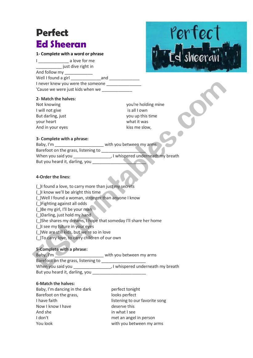 Perfect by Ed Sheeran Worksheet