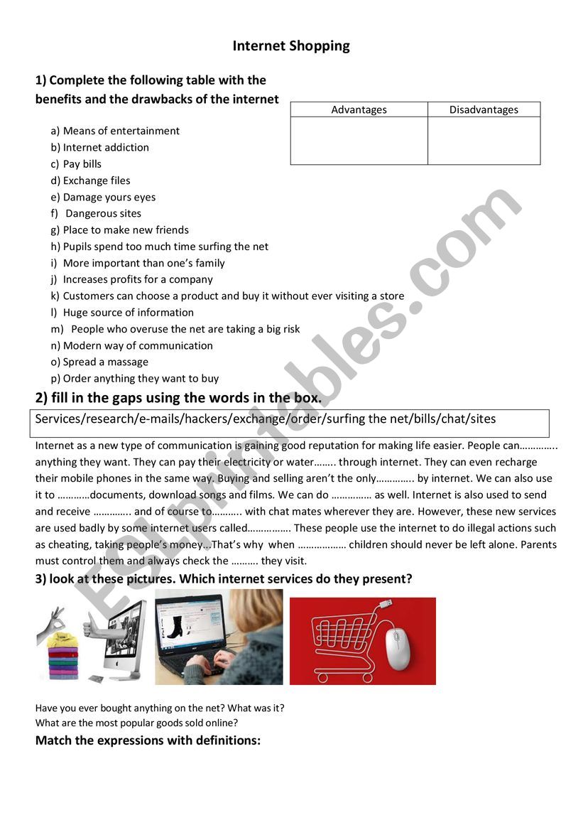 internet shopping worksheet