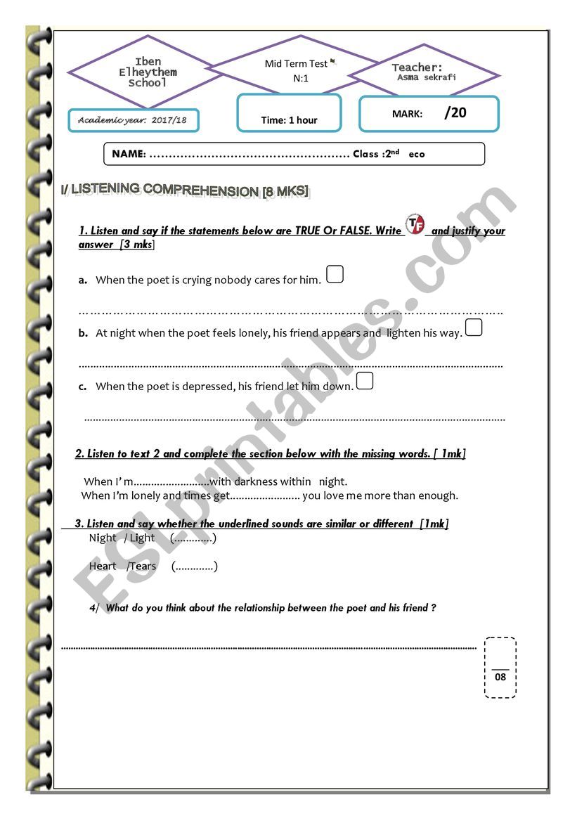 English exam for 2nd Year  worksheet