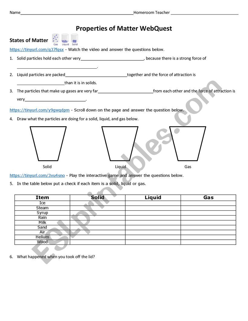 Properties of Matter worksheet