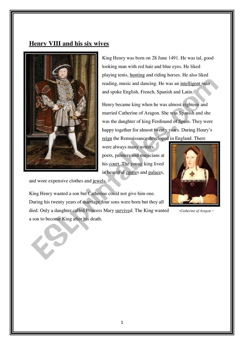 Henry VIII and his six wives worksheet