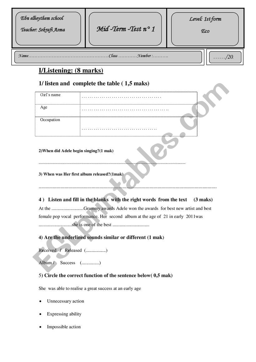 Mid term test  N1 for st Year  secondary school