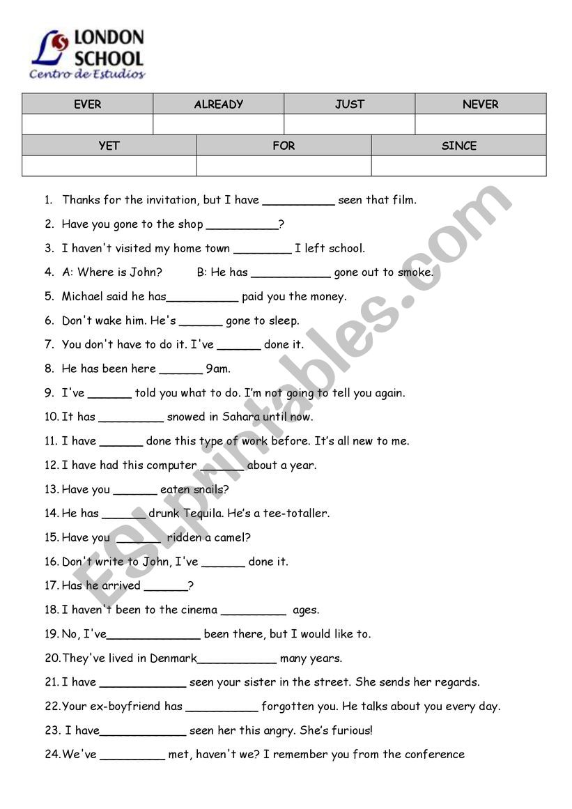 present perfect key words worksheet