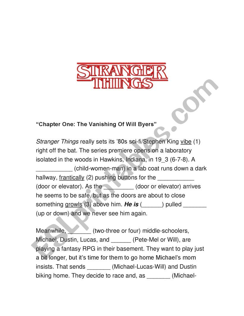 Worksheet Questions and vocabulary Stanger Things episode 1 chapter 1 &2