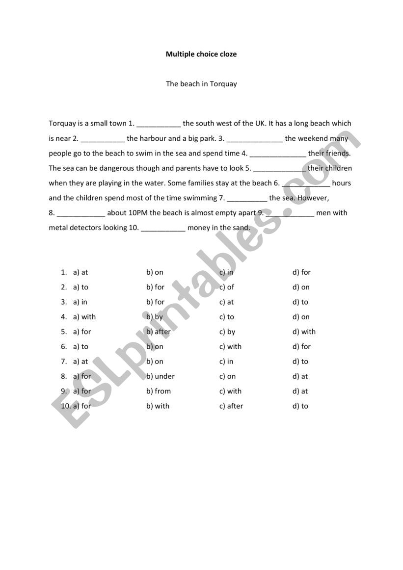 Multiple Choice Cloze prepositions