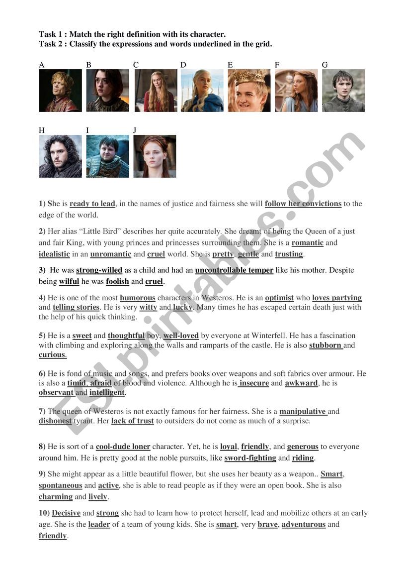 Game of Thrones characters worksheet