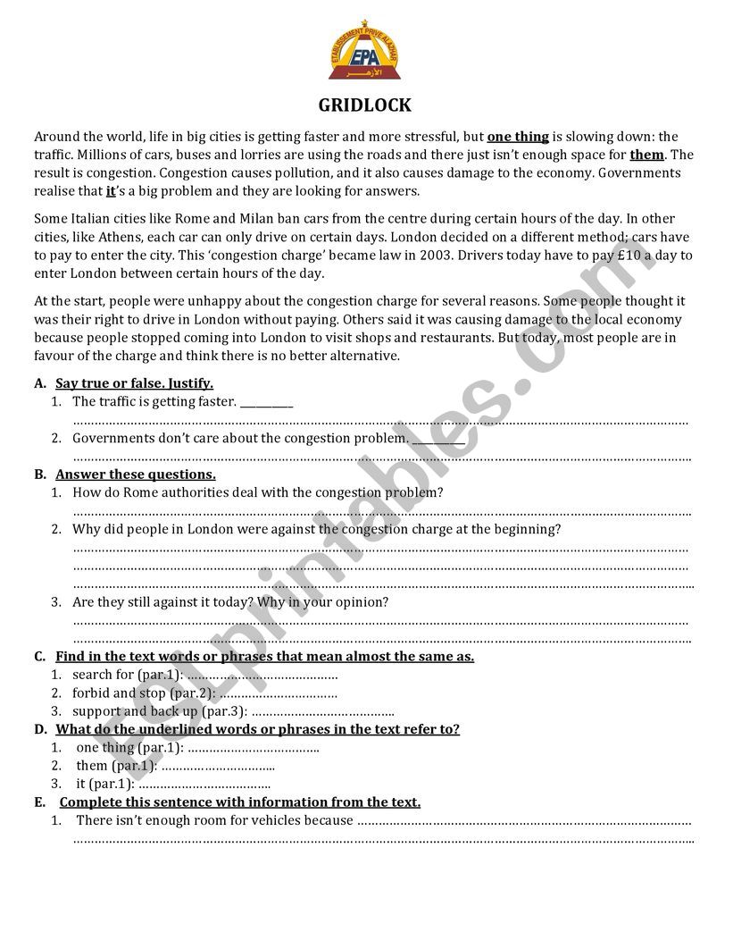 Congestion problem worksheet