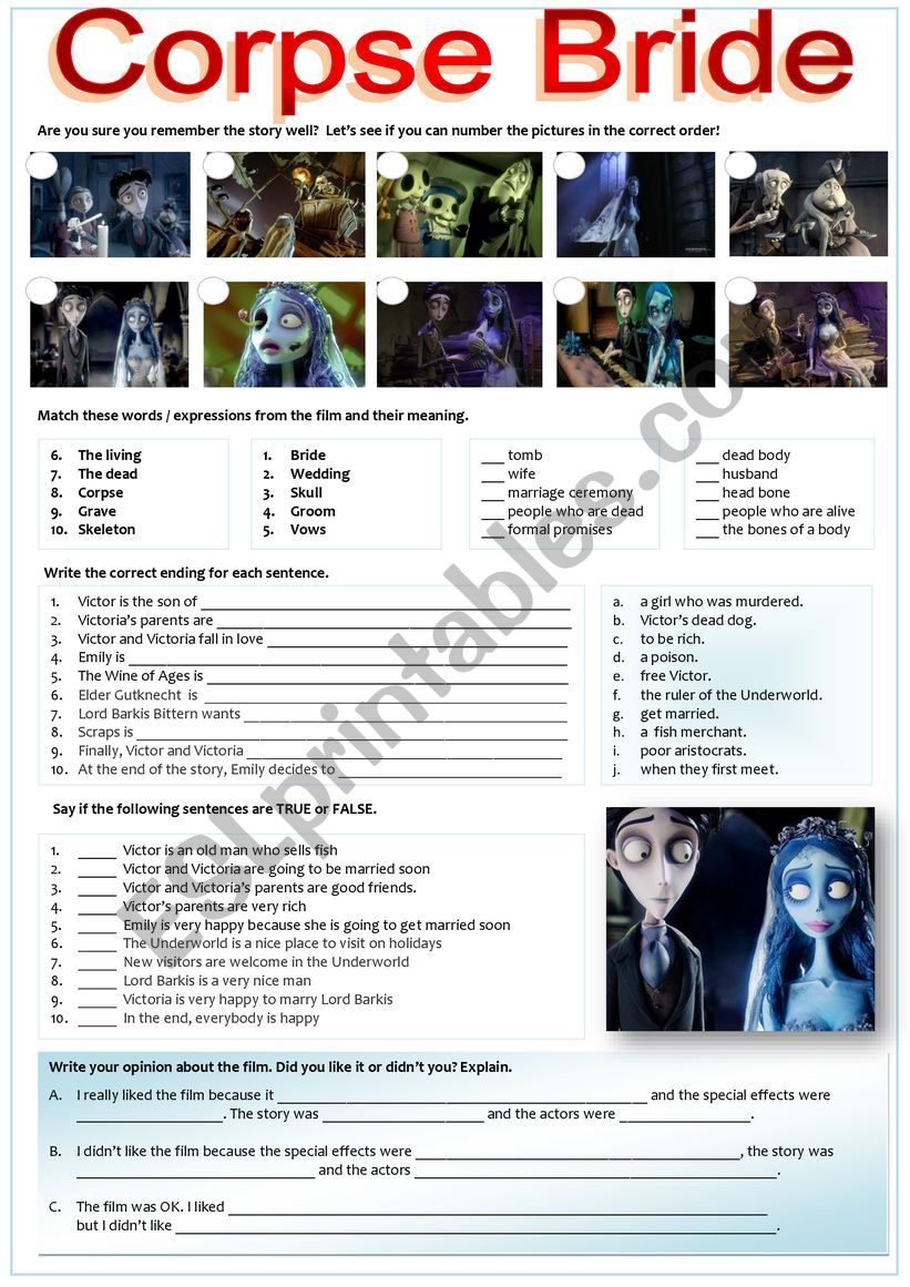 CORPSE BRIDE worksheet