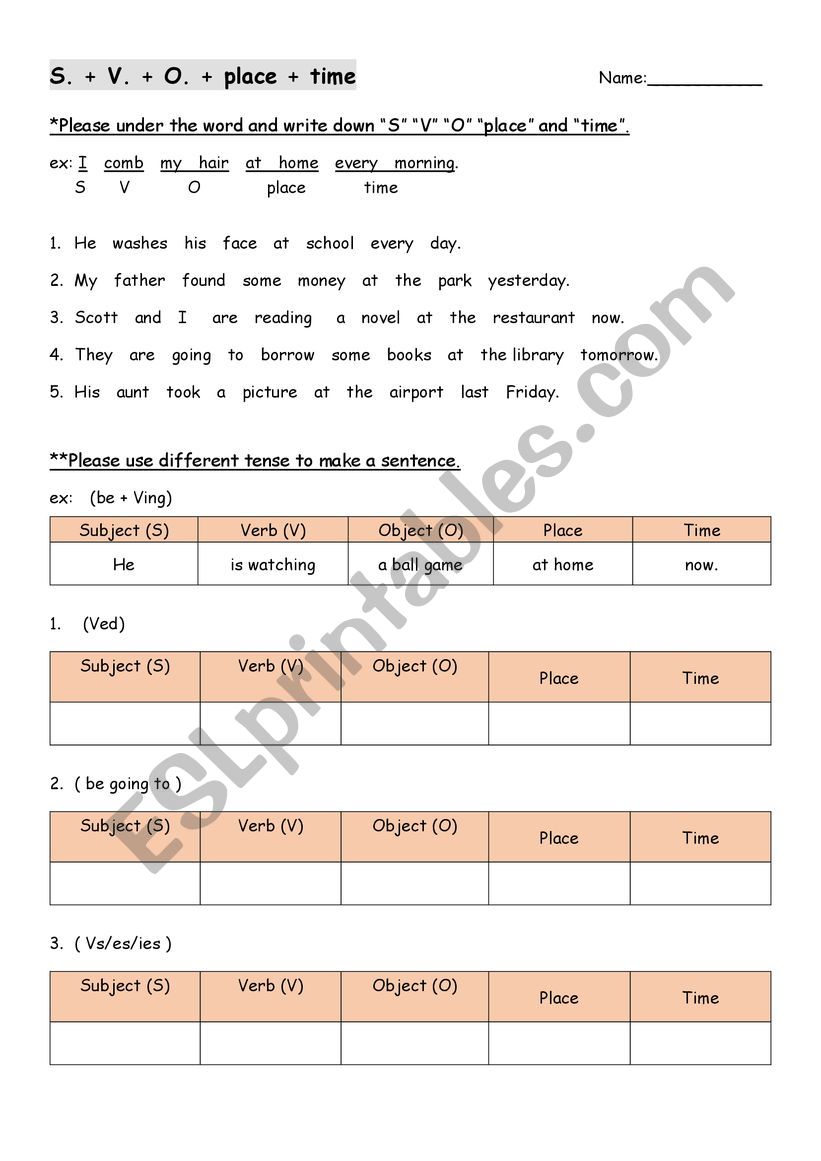 S. V. O. place time worksheet