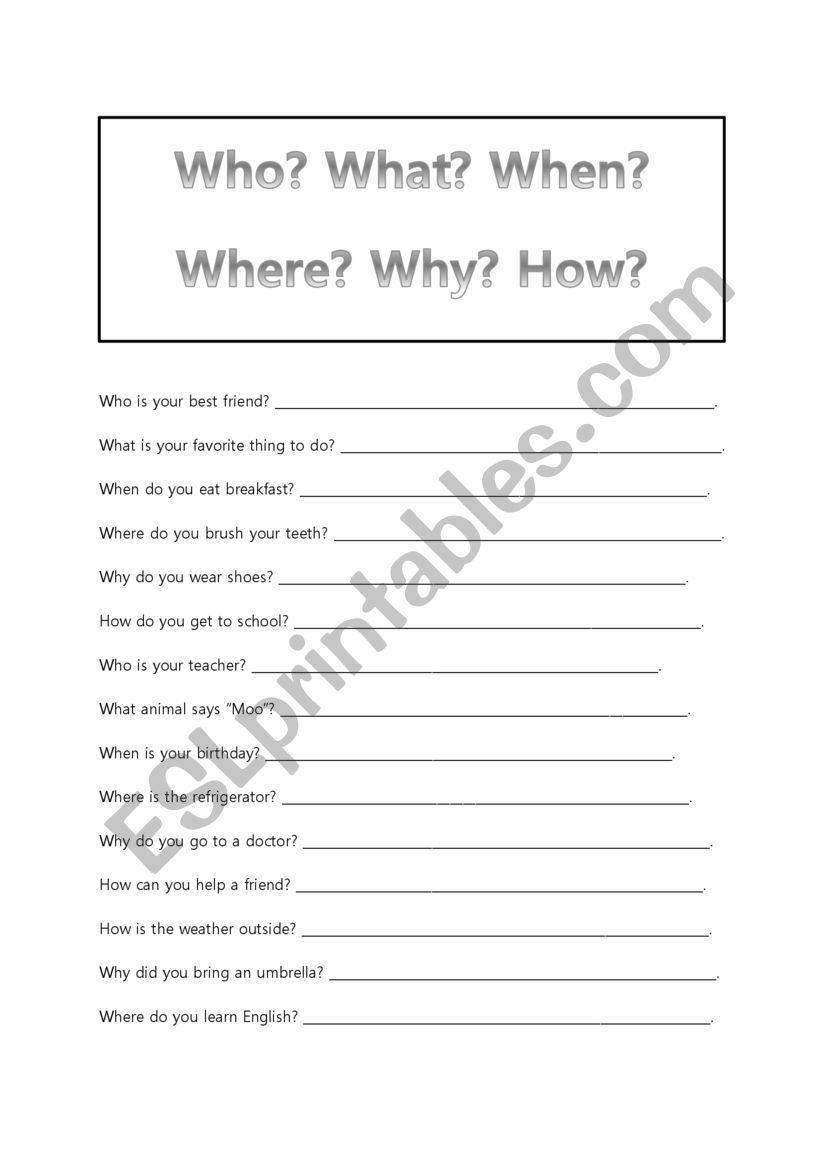 Wh-Question word Print.  worksheet