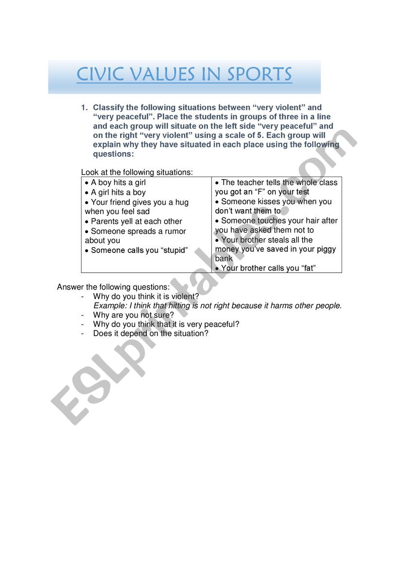 VIOLENT SITUATIONS worksheet