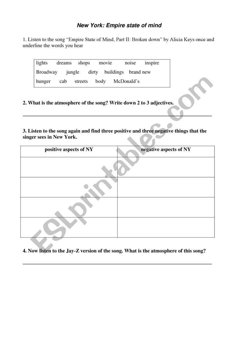 Song: Empire state of mind worksheet