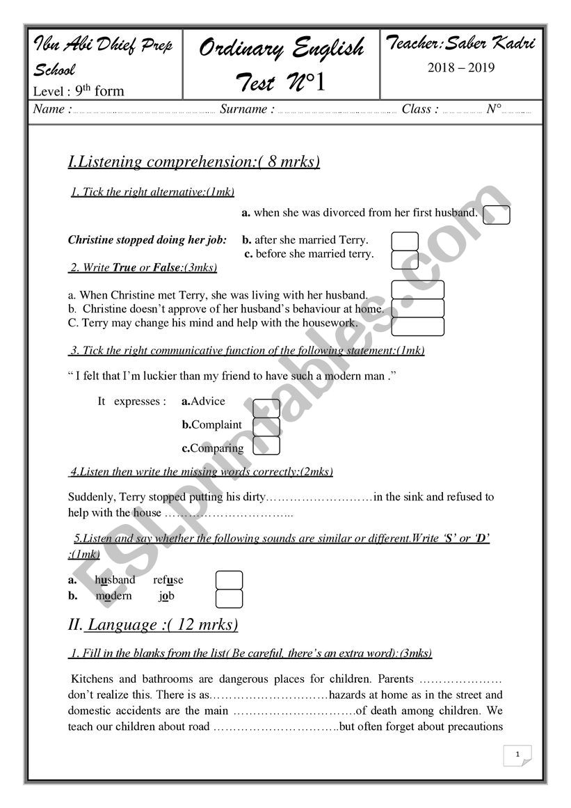 language + listening test  worksheet