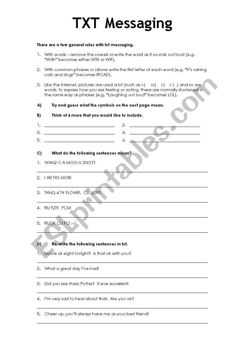 TXT Messaging worksheet