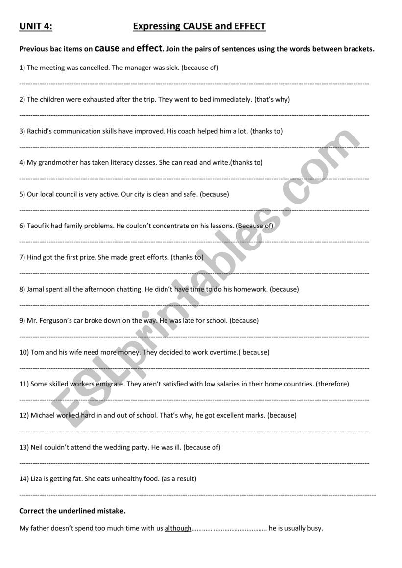 joining sentences using connectors of cause and effect