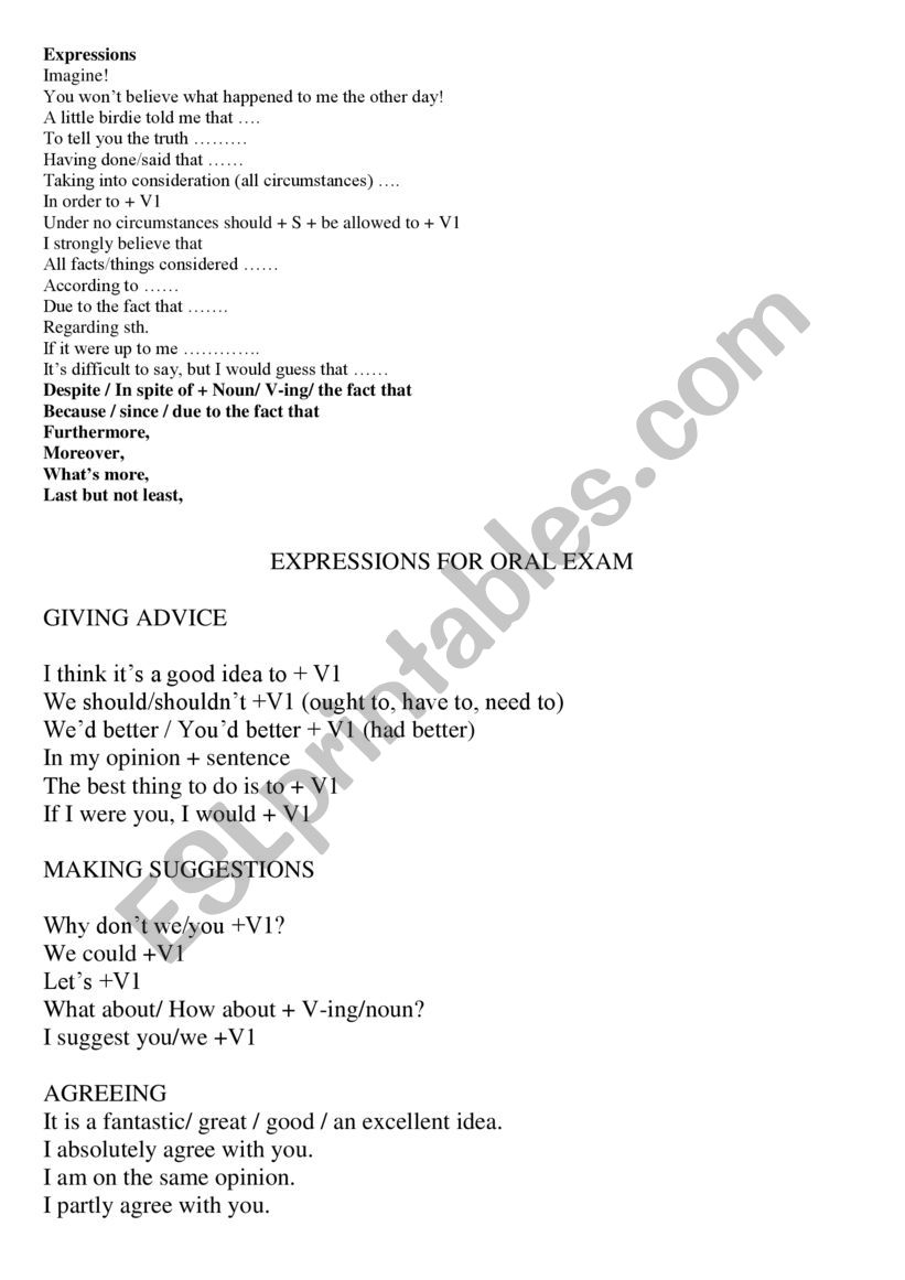 Expressions for oral exam worksheet