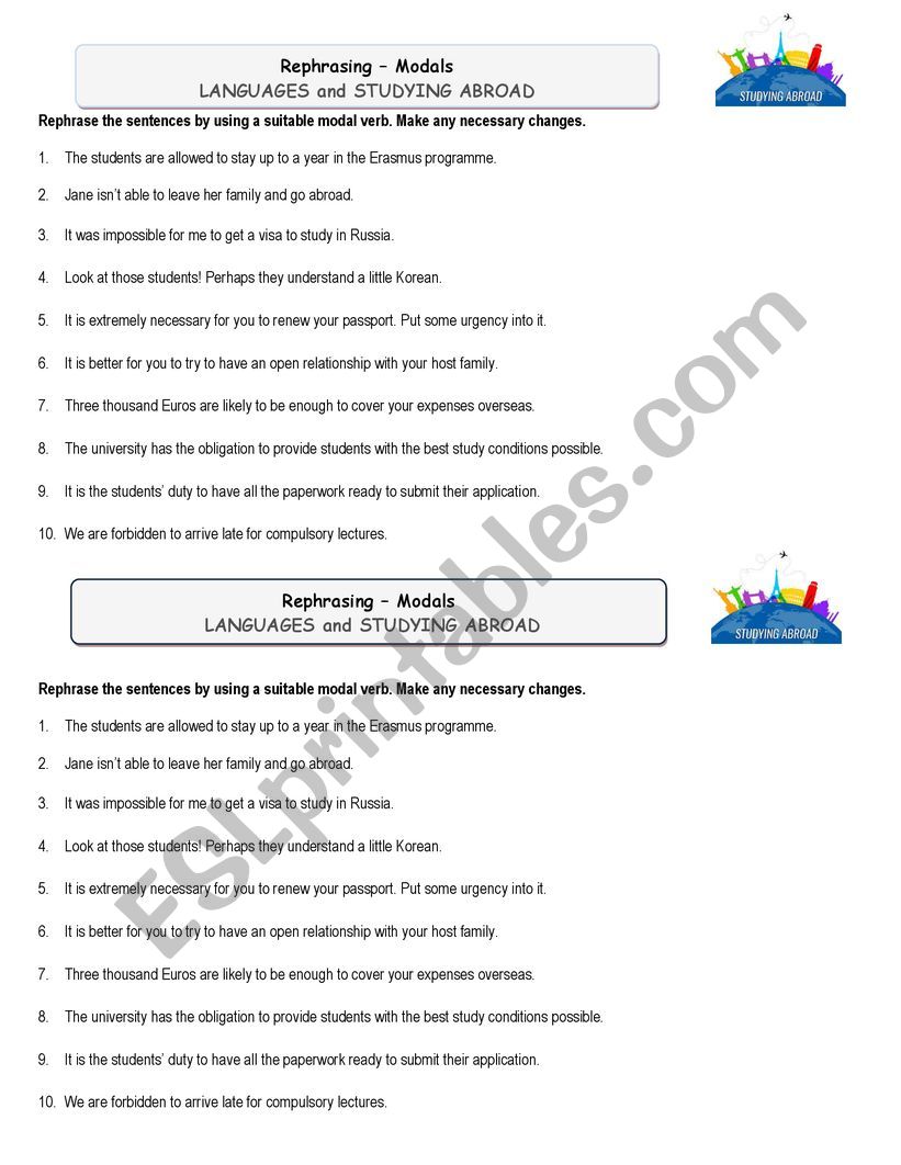 modal verbs - rephrasing 1 worksheet