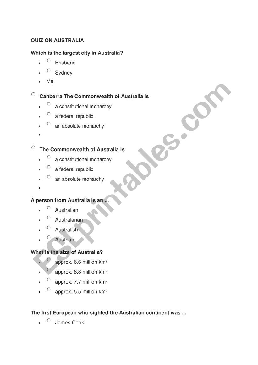 Quiz on Austrlia worksheet