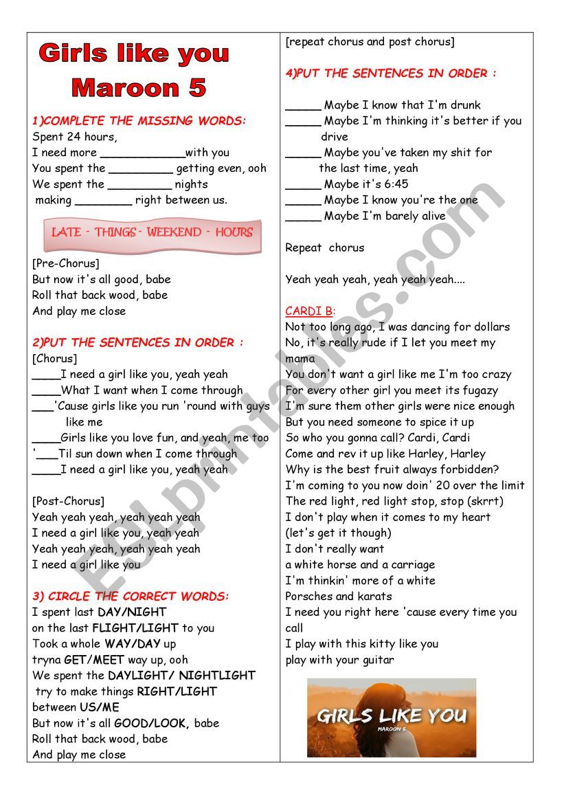 MAROON 5 - GIRLS LIKE YOU worksheet