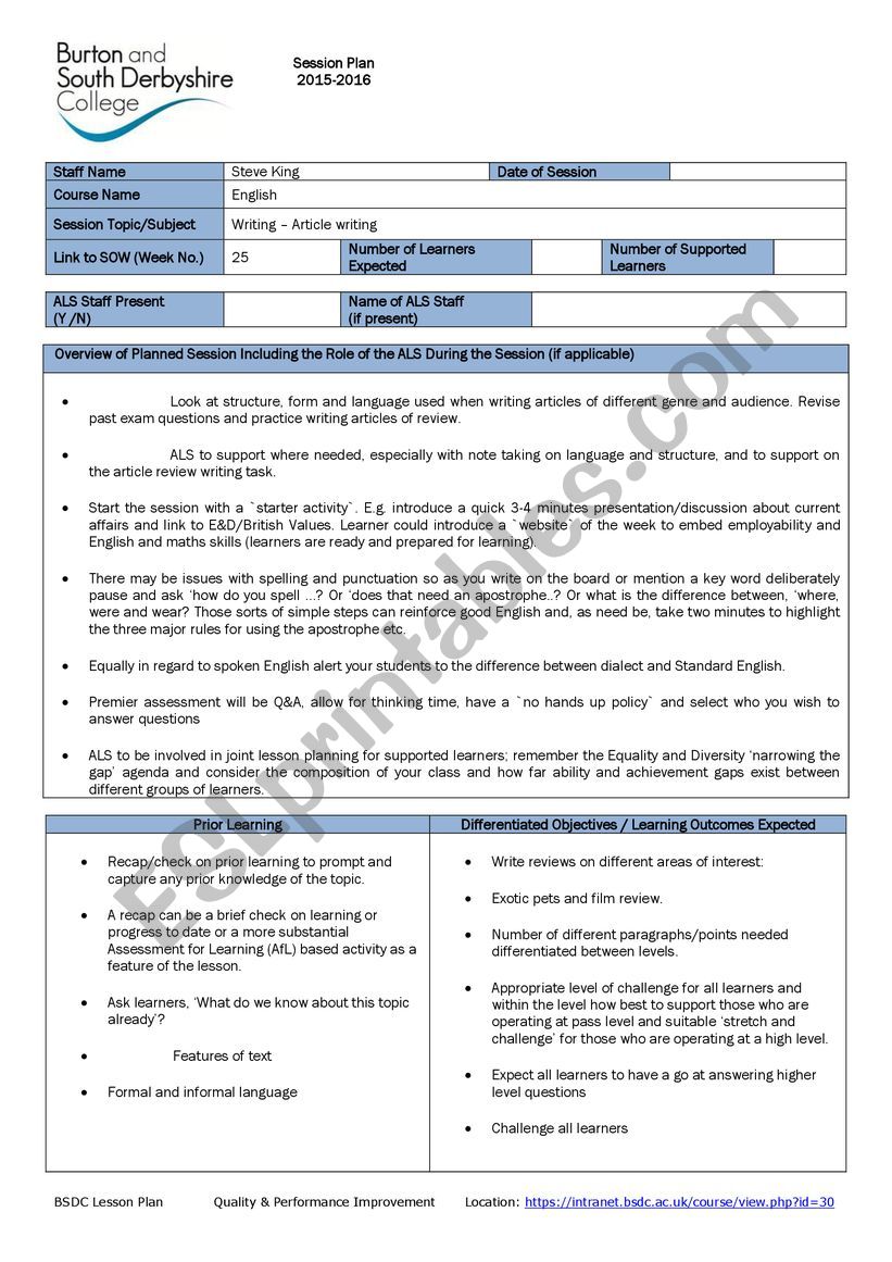 Article Writing worksheet