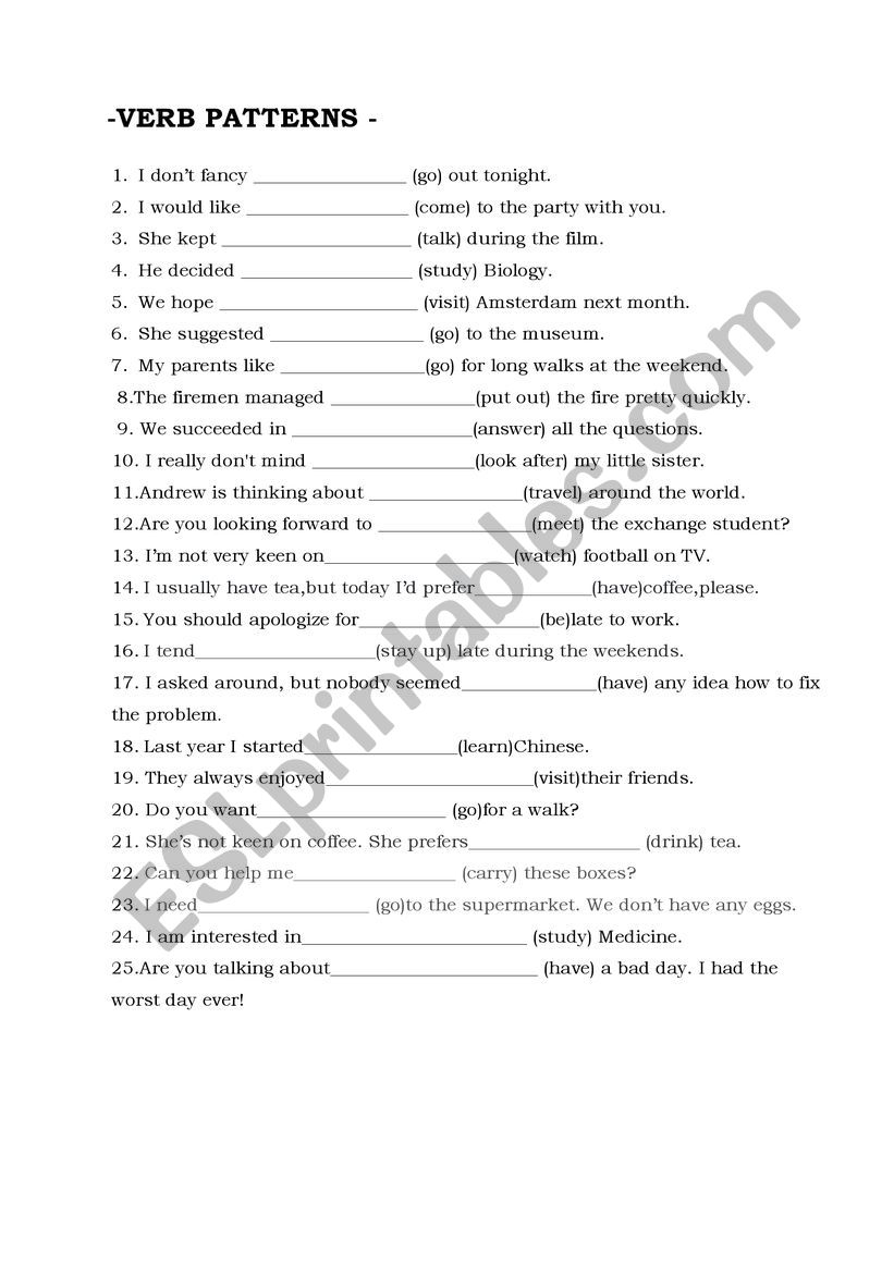 VERB PATTERNS worksheet