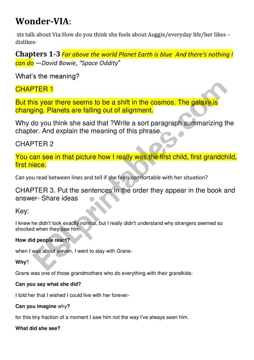 Wonder -Via (chapters 1 to 3) worksheet