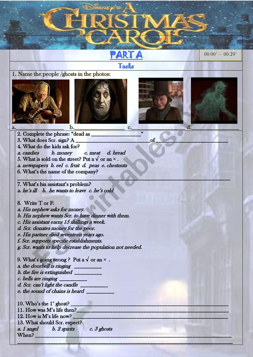 A CHRISTMAS CAROL - PART A worksheet