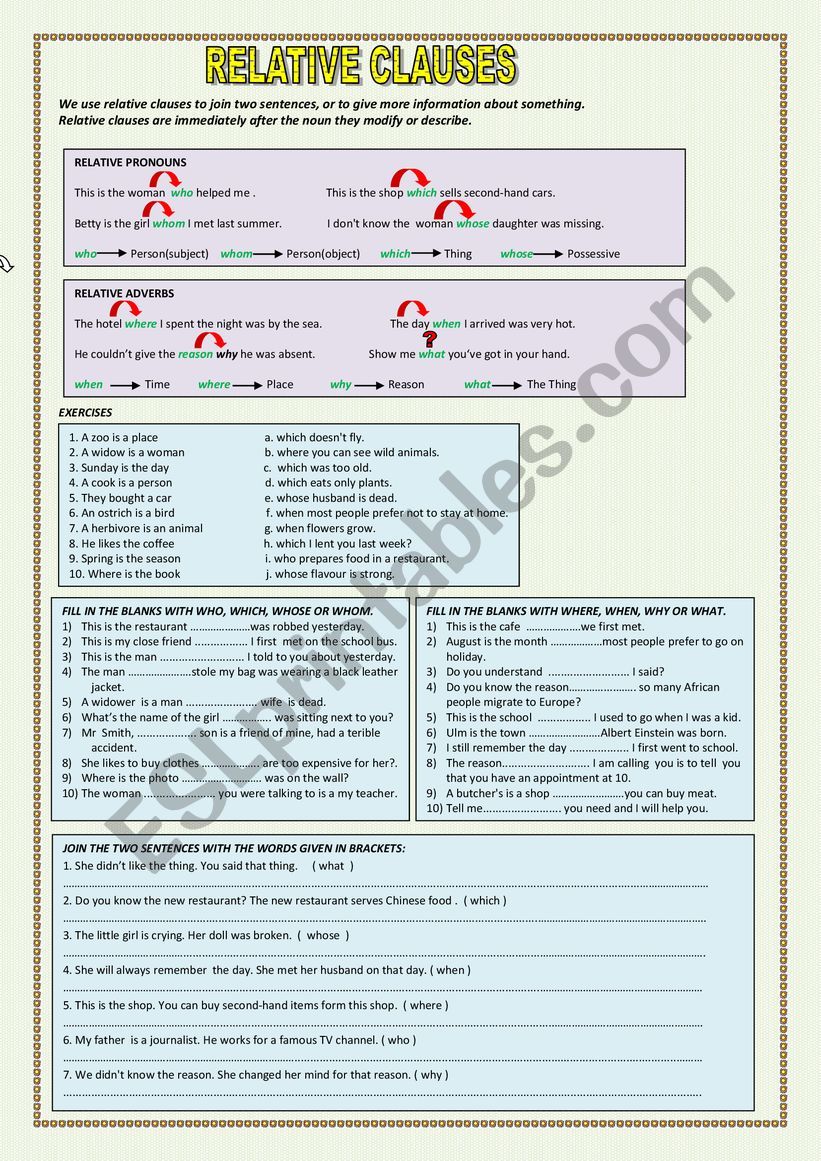 RELATIVE CLAUSES WITH : WHO, WHICH, WHOSE, WHERE, WHEN, WHY, .....