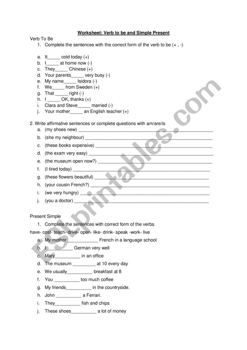 Present Simple and Verb to be worksheet