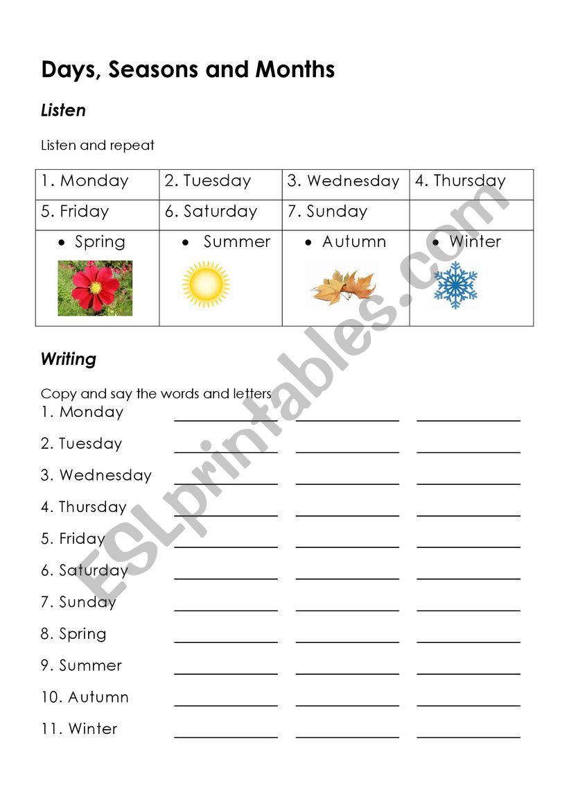Days, Months and Seasons worksheet