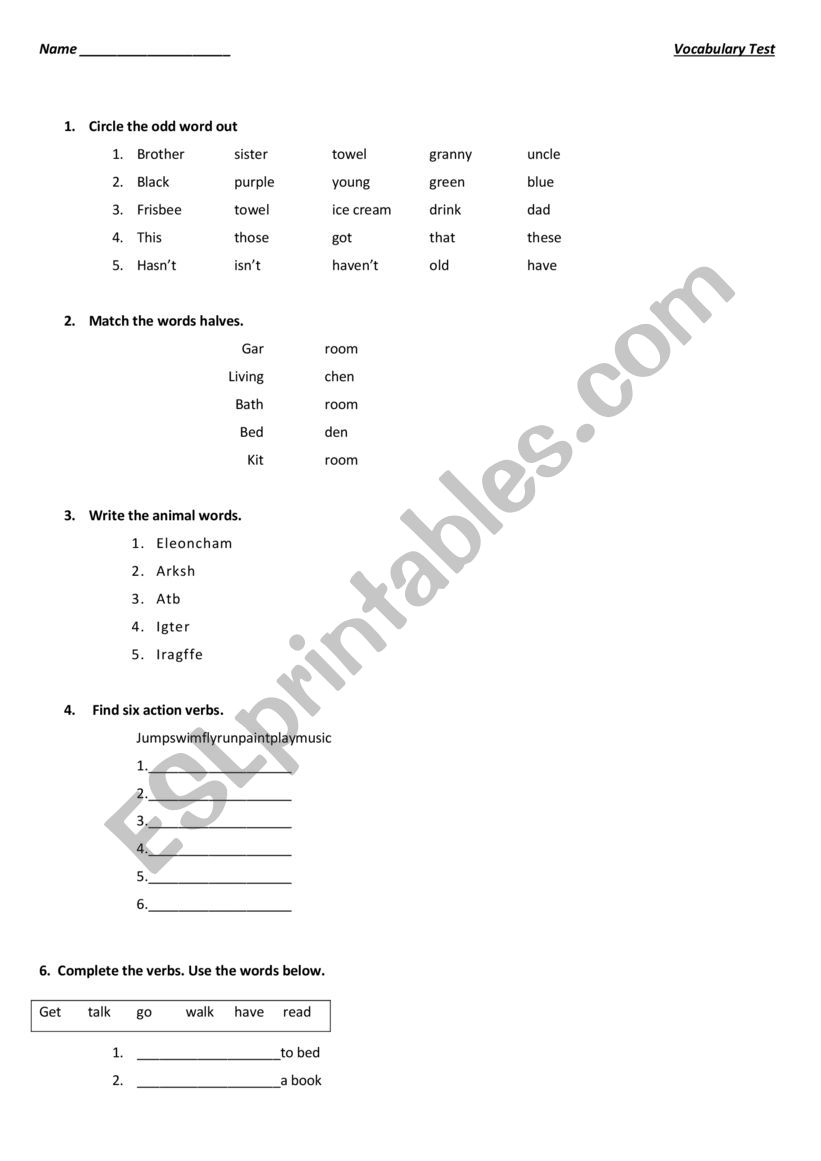 Test for elementary worksheet