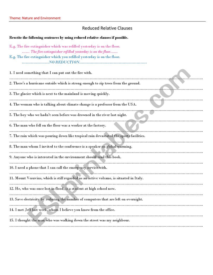Reduced Relative Clause worksheet