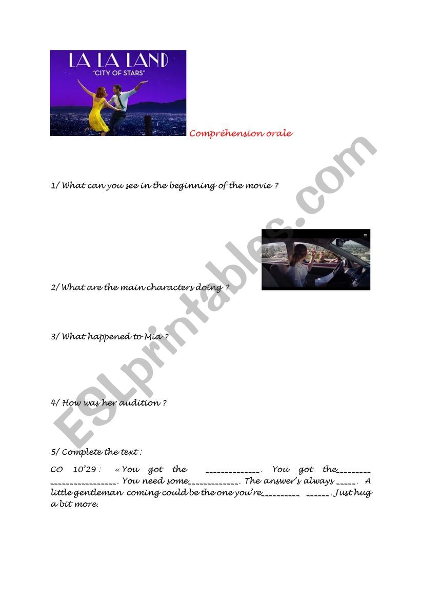 lalaland oral understanding worksheet