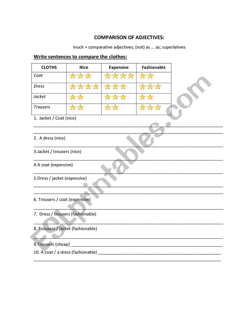 Comparison of adjectives worksheet