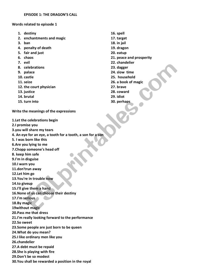 Merlin (tv series) worksheet