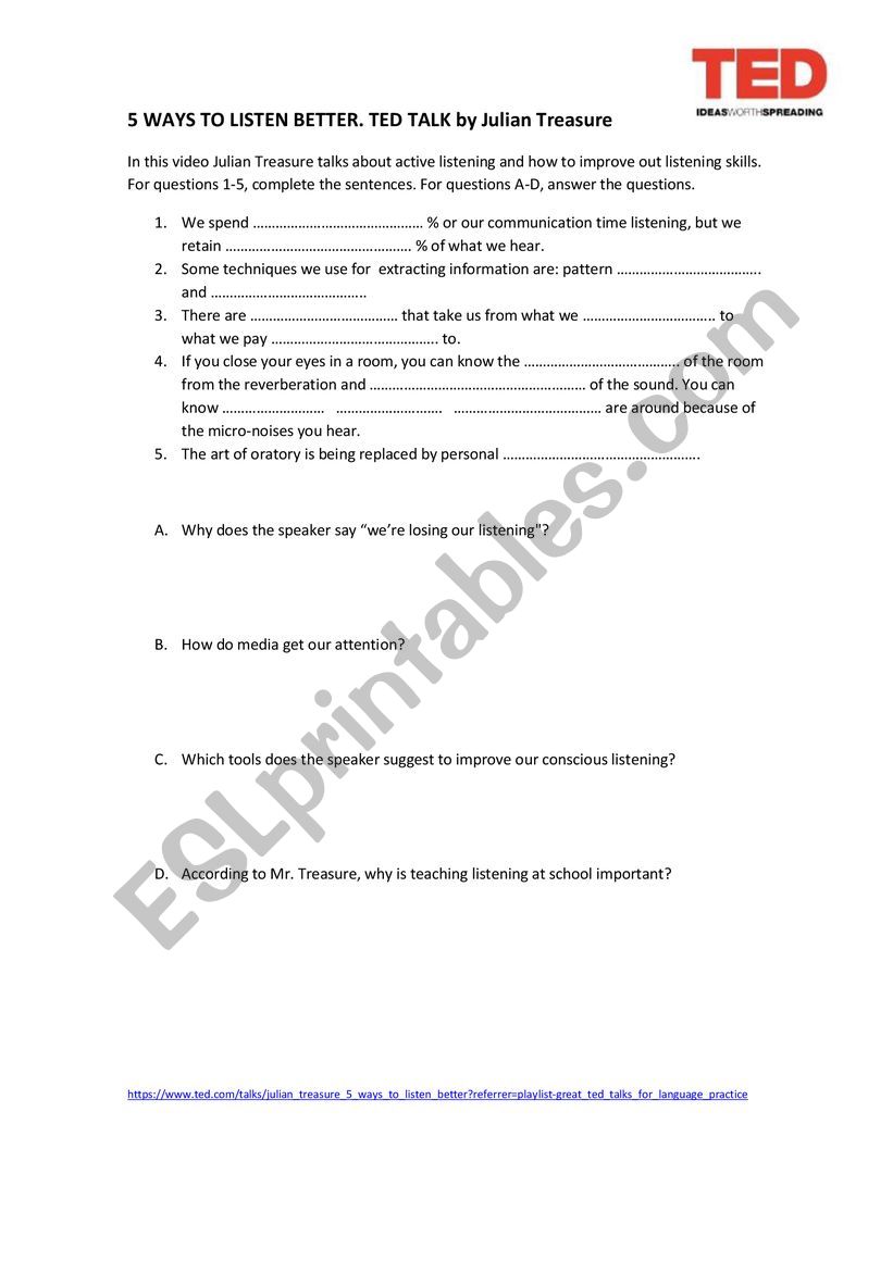 FIVE WAYS TO LISTEN BETTER worksheet