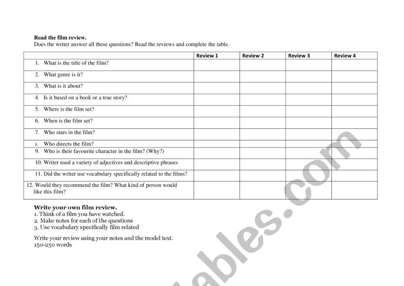 film review chart worksheet