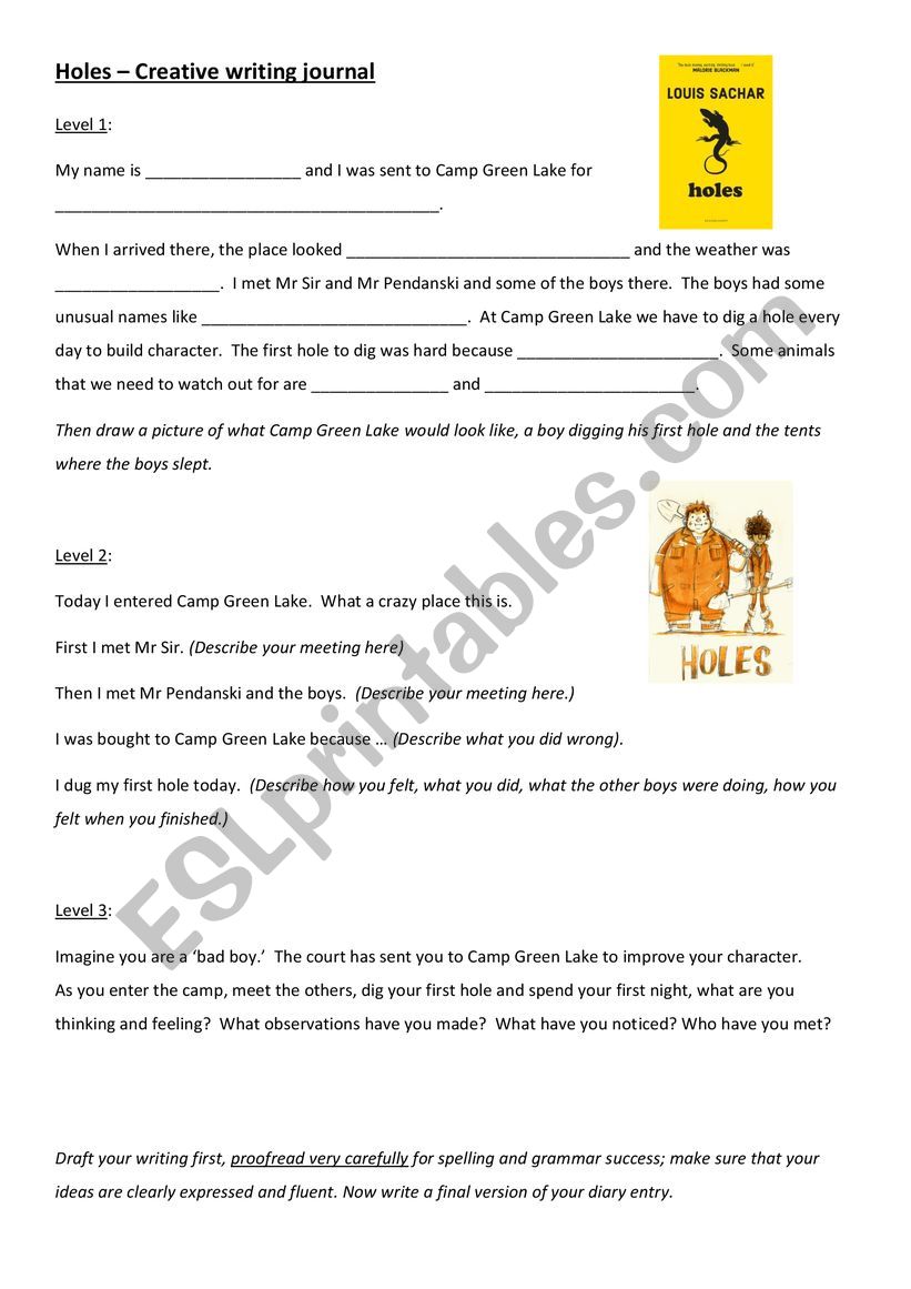 Holes by Louis Sachar Writing Worksheet / Worksheet -Irish, worksheet