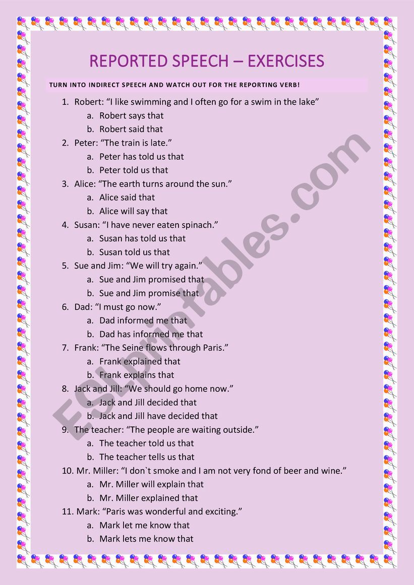 Reported Speech exercises worksheet