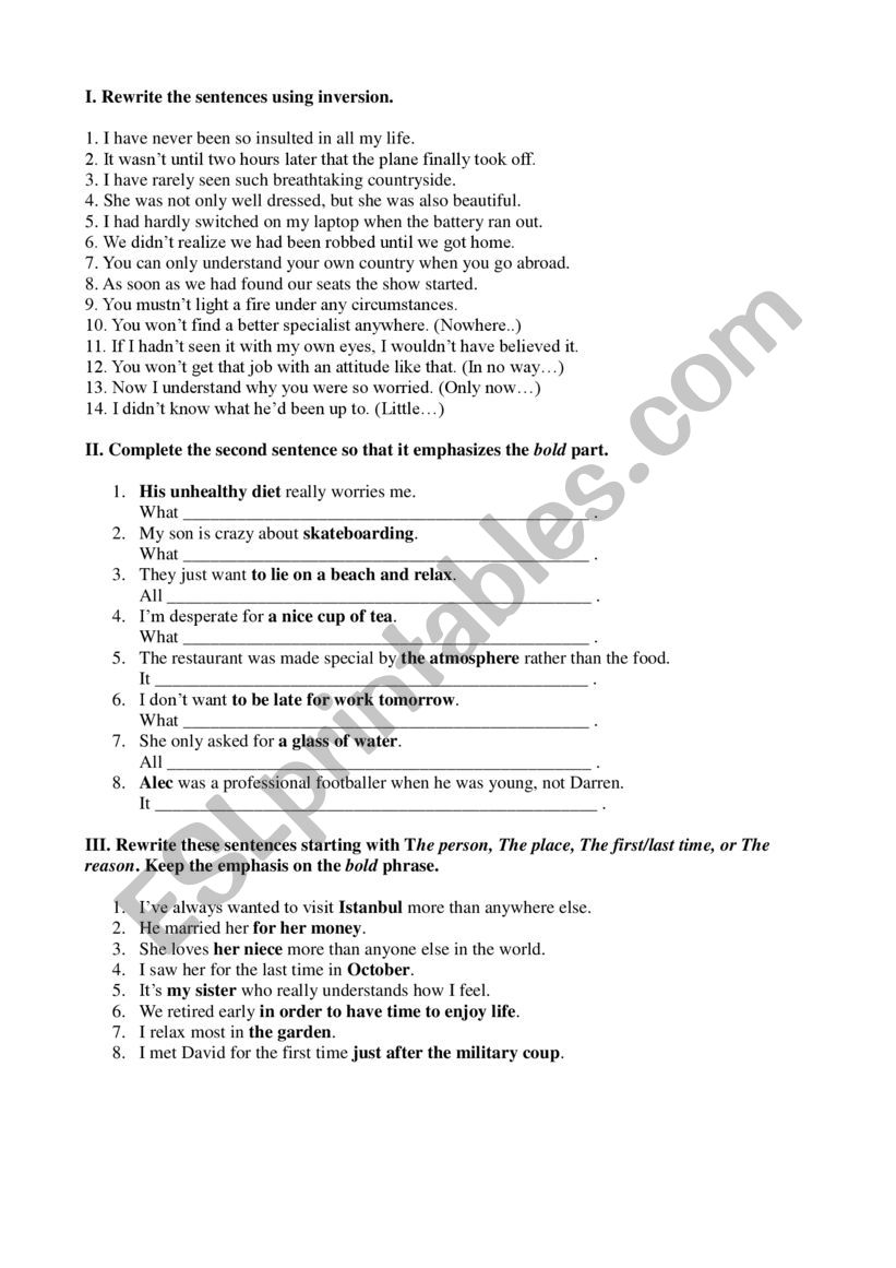 Inversion and Emphasis worksheet