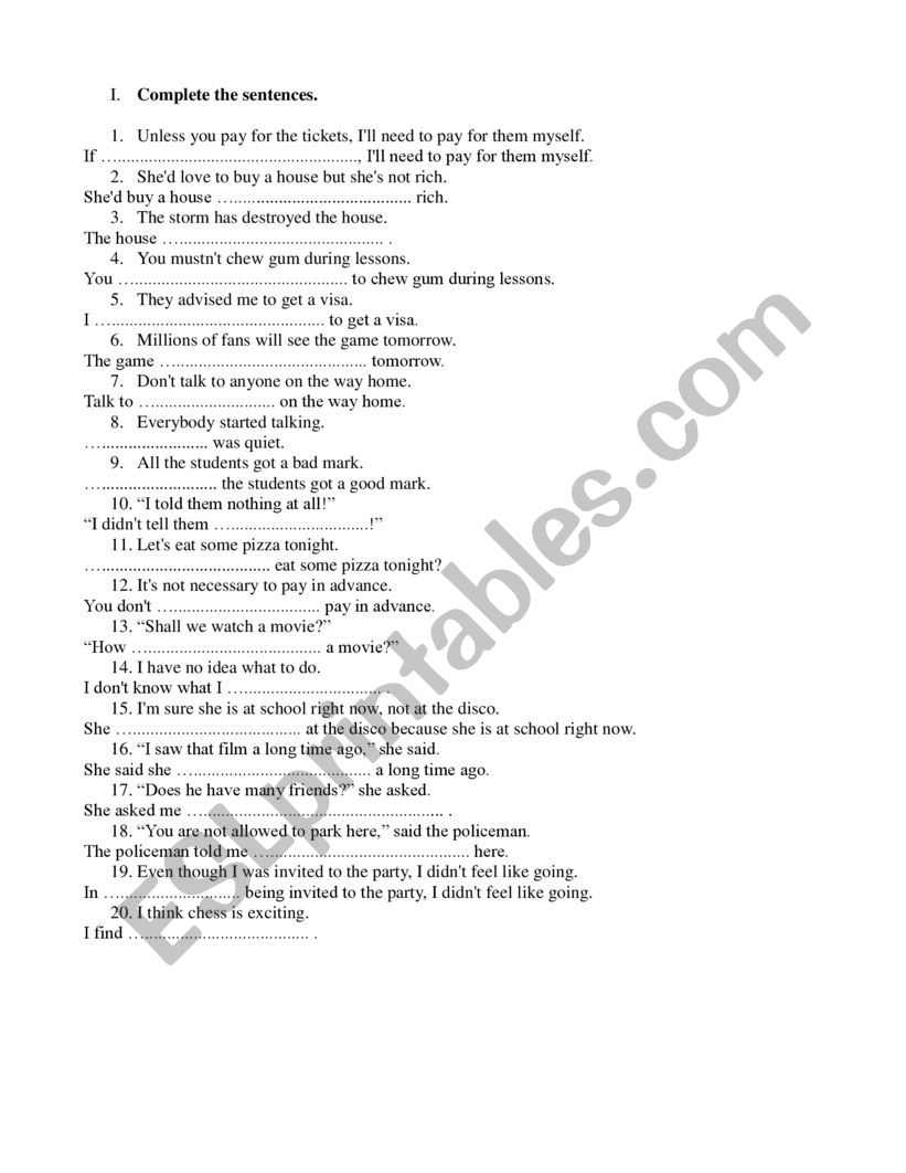 Easy sentence transformations worksheet