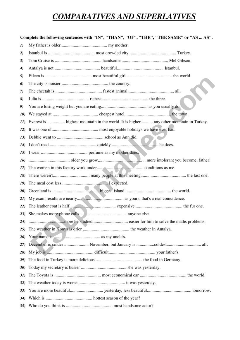 COMPARATIVES AND SUPERLATIVES worksheet