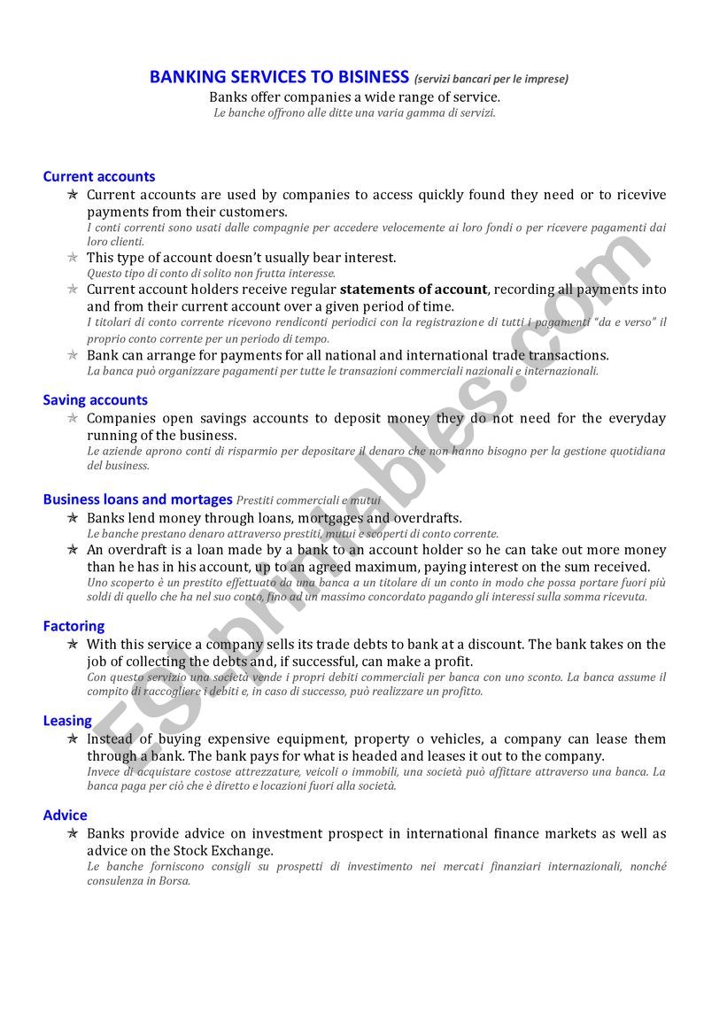 BANKING SERVICES TO BISINESS  worksheet