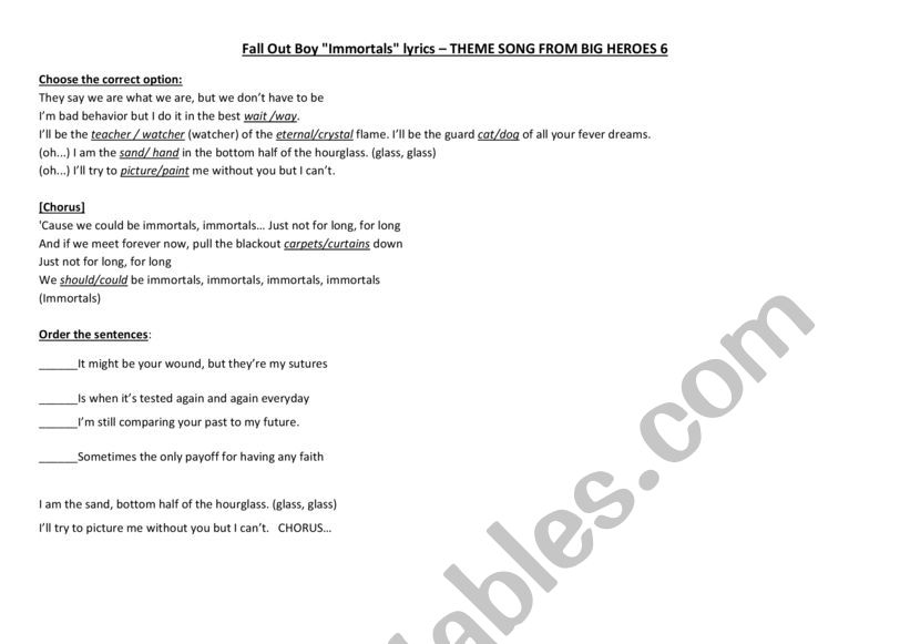 Immortals - fall out boy song worksheet