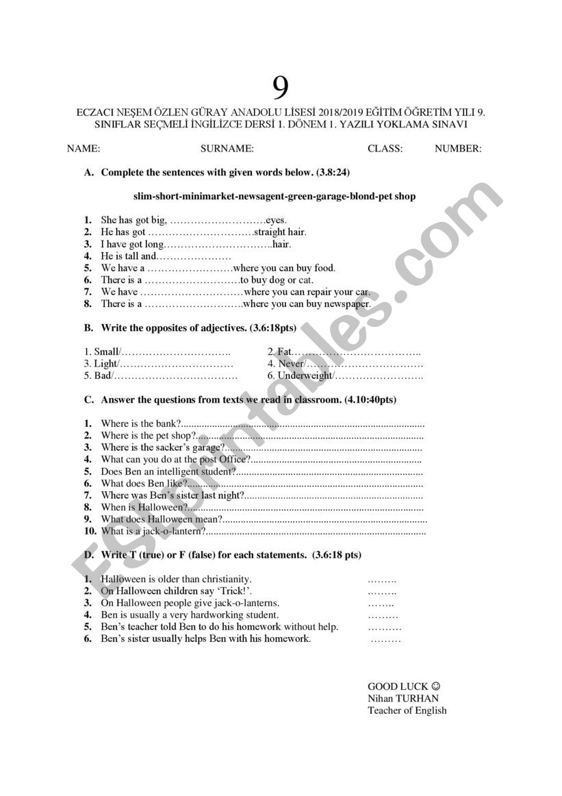 9 Sinif Secmeli Ingilizce Dersi Sinavi Esl Worksheet By Nihann