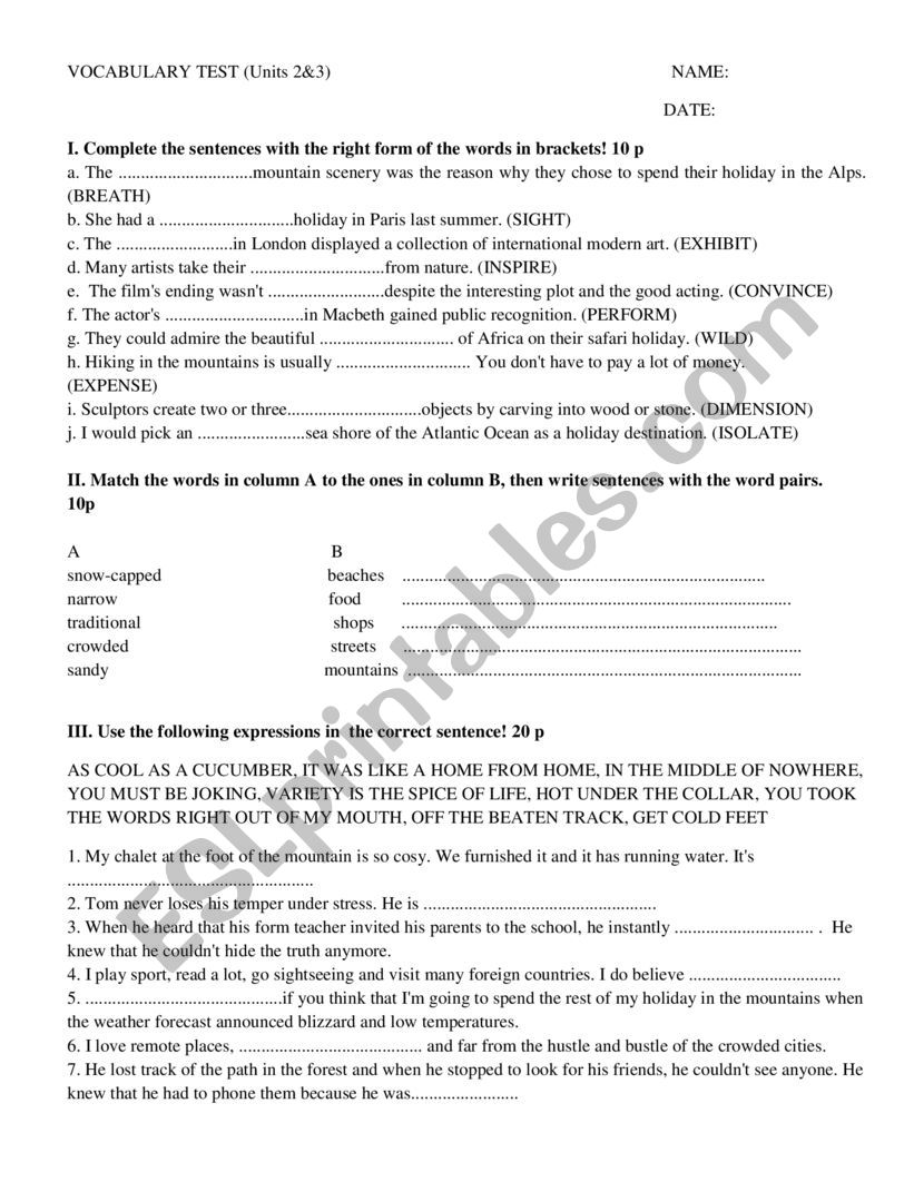 Word formation and idioms worksheet