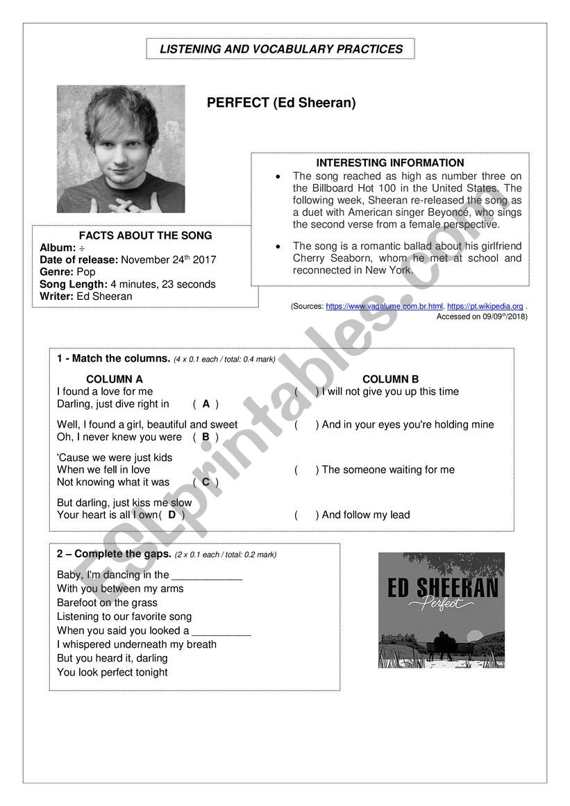 SONG - PERFECT (Ed Sheeran) worksheet