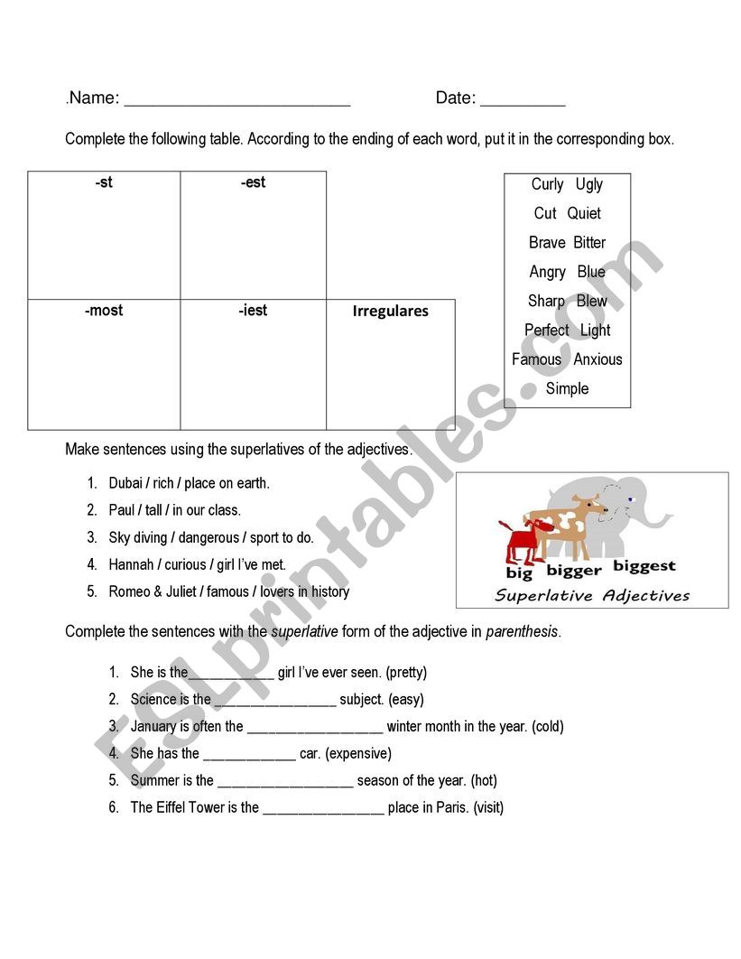 superlatives adjectives worksheet